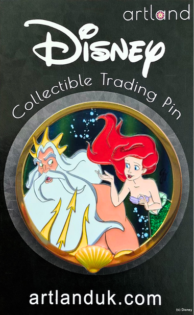 A collectible trading pin featuring animated characters Ariel and King Triton from the Little Mermaid with a deep sea green background.