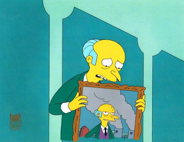 A cel used to create an episode of The Simpsons depicting Mr Burns sadly looking down at a framed art piece of himself stood before the power plant he owns. 