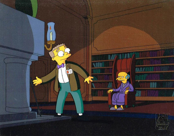 A cel used to create an episode of The Simpsons depicting Mr Burns sat in a wing-backed chair infront of a fireplace, with loyal assistant Smithers reaching for the poker to stoke the flames.  