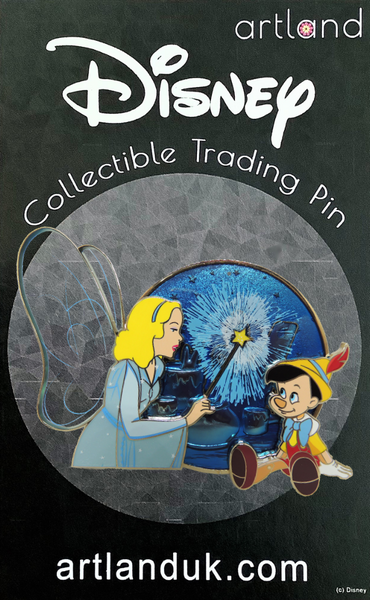 A collectible trading pin featuring Disney's Blue Fairy with transparent wings and Pinocchio.