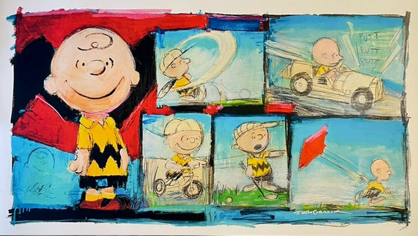 An art piece featuring Charlie Brown smiling, stood next to a series of images of Charlie Brown golfing, driving, riding a bike, playing baseball, and flying a kite.