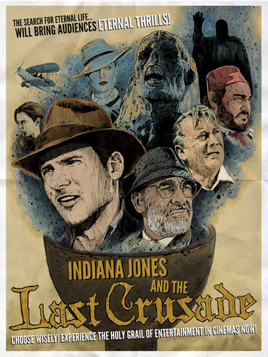 Promotional poster for 'Indiana Jones and the Last Crusade' featuring characters from the movie. 