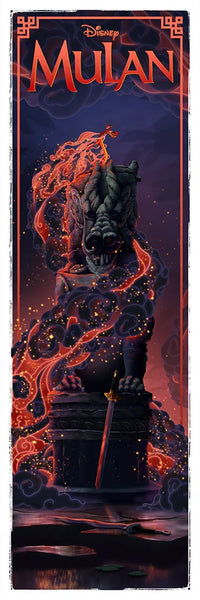 Disney's Mulan fine art giclee on paper wall art featuring an illustration of the Great Stone Dragon with a fiery background.
