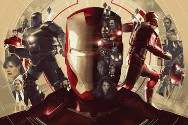 art print featuring a profile image of Iron Man with multiple Iron Man characters and faces in the background