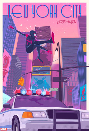 Illustration of Spider Man in New York City with a police car and cityscape in the background.