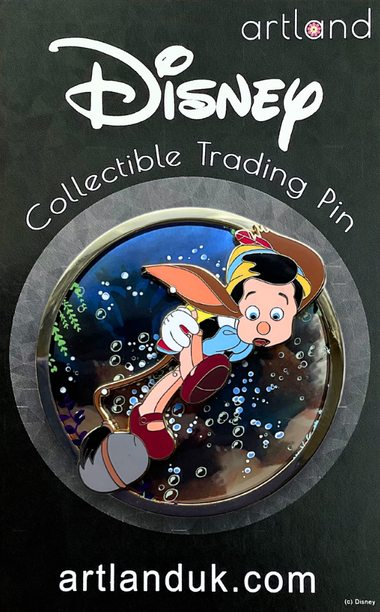 A collectible Disney trading pin featuring Pinocchio with a blue ocean and stars background, and the Disney logo at the top.
