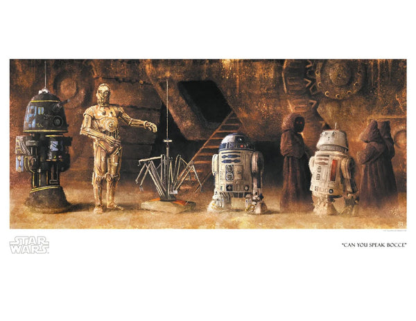 An art print inspired by Star Wars of C3P0 and R2D2 conversing with Jawas infront of a Sandcrawler.