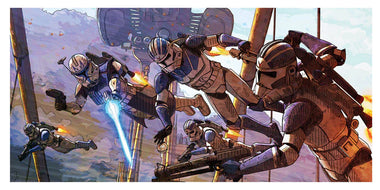 A colorful art print featuring characters from Star Wars: Clone Wars, engaging in battle.