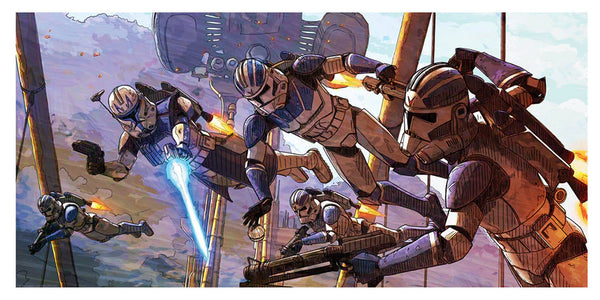 A colorful art print featuring characters from Star Wars: Clone Wars, engaging in battle.