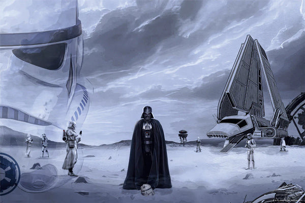 artwork featuring characters and vehicles from the Star Wars franchise, with Darth Vader center-frame, surrounded by Stormtroopers and an Imperial Shuttle in the background.