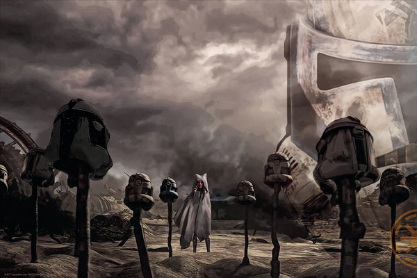 A piece of Star Wars themed artwork featuring Ahsoka Tano in a sand-colored robe standing in a desert environment surrounded by helmets on sticks. 