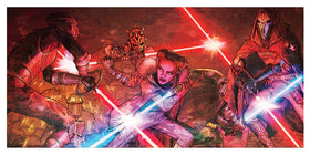 Comic-style art print of characters from Maul: Shadow Lord in a dramatic lightsaber battle scene.