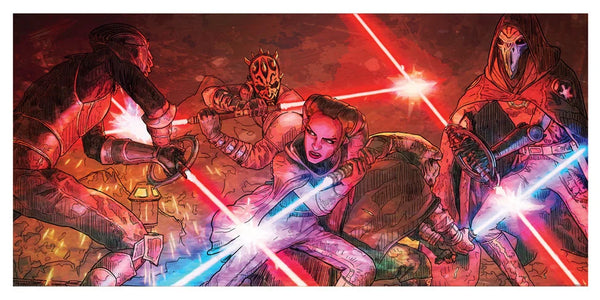 Comic-style art print of characters from Maul: Shadow Lord in a dramatic lightsaber battle scene.
