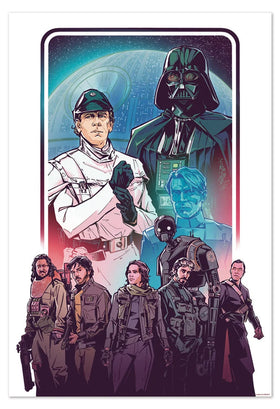 An art print featuring stylised characters from Rogue One: A Star Wars Story, with the Death Star and space in the background. 