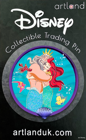 A collectible trading pin featuring characters from The Little Mermaid, including Ariel, King Triton, Sebastian, and Flounder, with a pearlescent sea blue background.
