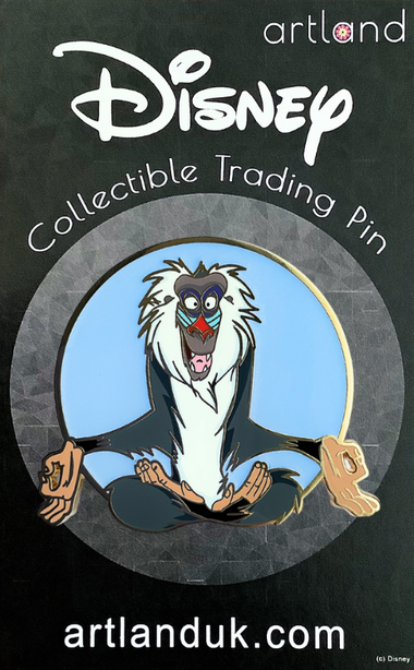 A 3-inch round pin featuring Rafiki from The Lion King in a meditative pose against a pale blue background, packaged in a Disney collectible trading pin card.