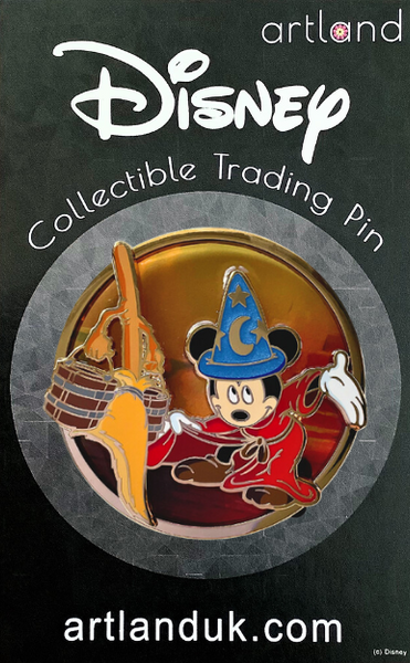 A pin-on-glass featuring Mickey Mouse, as the Sorcerer's Apprentice from Fantasia, taking a bow with a broom with two buckets. 