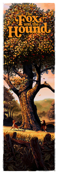 The Fox and the Hound inspired art print featuring a large tree, with the fox and the hound looking at eachother at the base. The film title logo is in large orange letters at the top.
