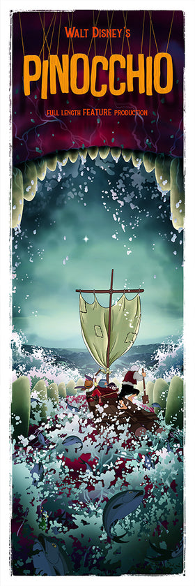 artwork for Walt Disney's Pinocchio, showing Pinocchio and Geppetto in a boat on turbulent water inside a giant toothy mouth, with the title 'PINOCCHIO' in large orange letters at the top.