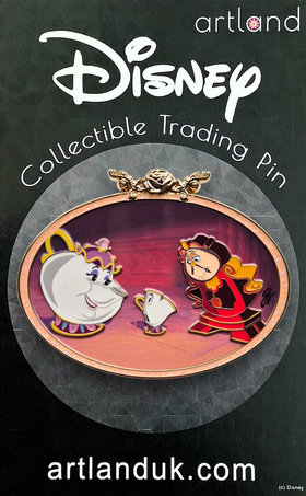 A collectible trading pin featuring characteMrs Pots, Chip, and Cogsworth from Beauty and the Beast, with a beige glitter border and a gold rose at the top.