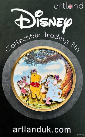 Disney collectible trading pin featuring Winnie the Pooh, Eeyore, and Piglet on a black backing card.