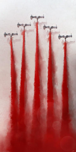 A print featuring the "Reb" Squadron scene from the Last Jedi where the Resistance squadron of V-4X-D ski speeders fought against the First Order during the Battle of Crait. It is a birds-eye view of the speeders flying over the pale ground kicking up bright red dust.