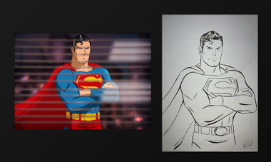 Superman art piece divided into two sections. The left section is superman in full colour outside a window which has open blinds. the right section is the original drawing of the colour section.