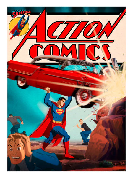a comic book cover style art piece of superman slamming a car into a rock. people are running away.