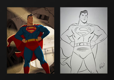 Superman art piece divided into two sections. The left section is superman in full colour standing with hands on his hips. the right section is the original drawing of the colour section.