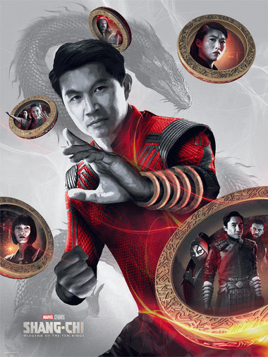 art piece inspired by the movie Shang-chi legend of the ten rings. Shang-chi stands in the centre backed by a dragon and surrounded by eight other characters.