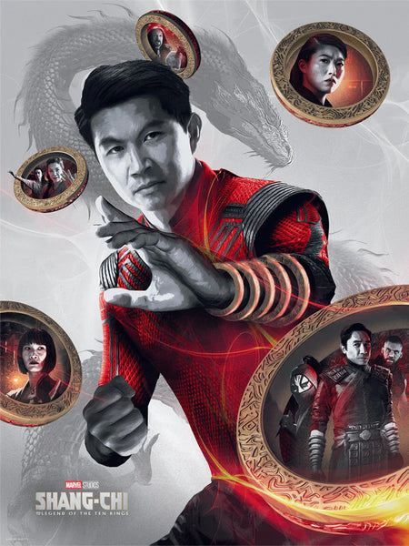art piece inspired by the movie Shang-chi legend of the ten rings. Shang-chi stands in the centre backed by a dragon and surrounded by eight other characters.