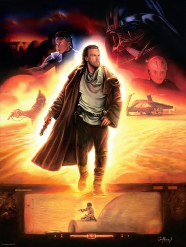 a star wars art piece featuring obi wan kenobi and scenes from the movie. 