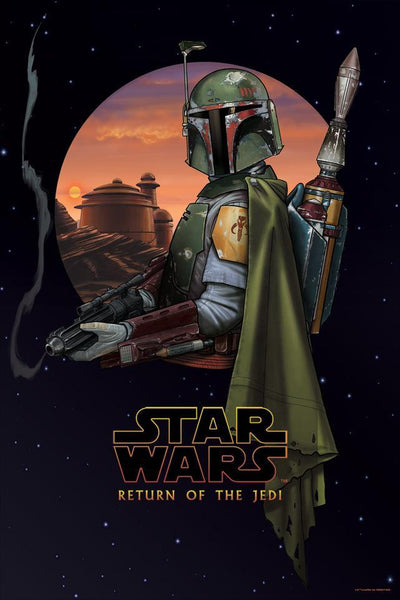 Boba Fett standing with his weapons with his jet pack on, backed by a sunset and space filled with stars