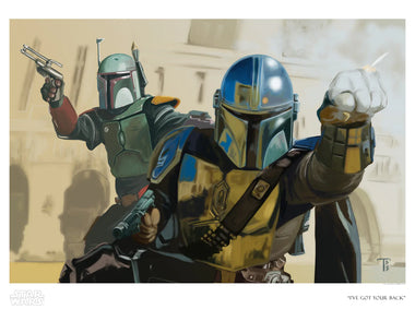 Artwork of Boba Fett and the Mandalorian fighting together 