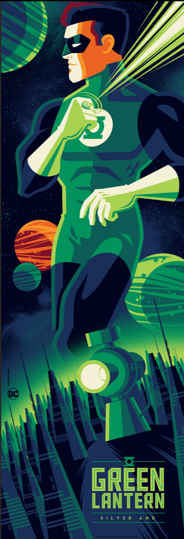 A vertical, illustrated poster of Green Lantern in a dynamic pose with a green color scheme. Green Lantern is depicted with a mask covering his face, wearing a green suit, and there are green lanterns and a cityscape in the background.