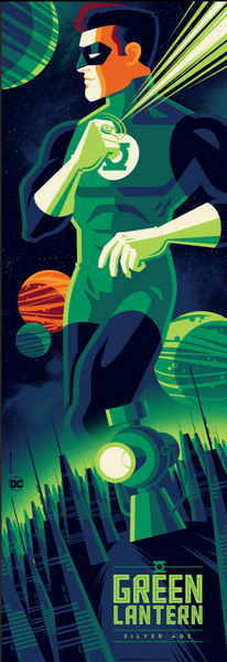 A vertical, illustrated poster of Green Lantern in a dynamic pose with a green color scheme. Green Lantern is depicted with a mask covering his face, wearing a green suit, and there are green lanterns and a cityscape in the background.