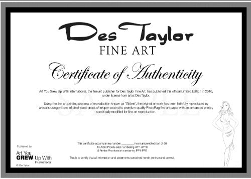 a certificate of authenticity for art work by des taylor.