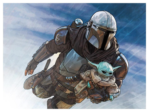 Art piece depicting the Mandalorian flying in their air with Grogu held under one arm and the background of a cloudy sky.