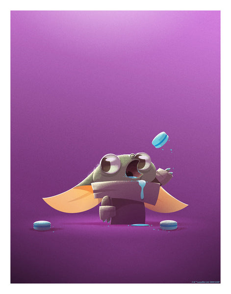 Animation style art print depicting Grogu eating a macaron using the force with a purple background