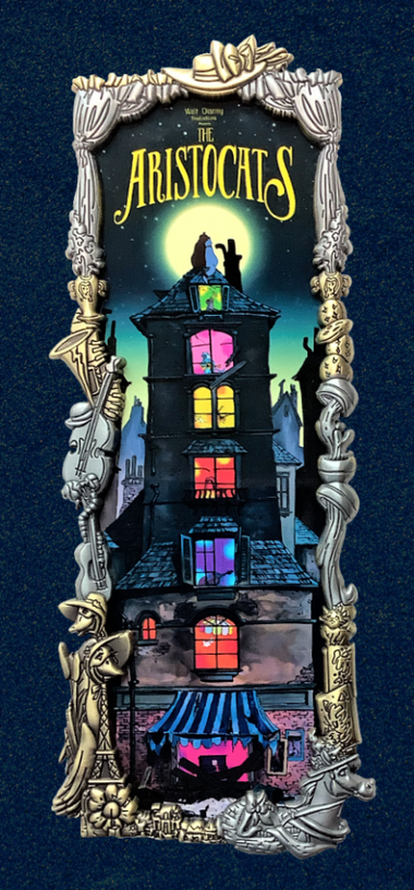 Framed pin artwork inspired by 'Aristocats' featuring a colorful depiction of a building with characters and decorative elements from the movie.