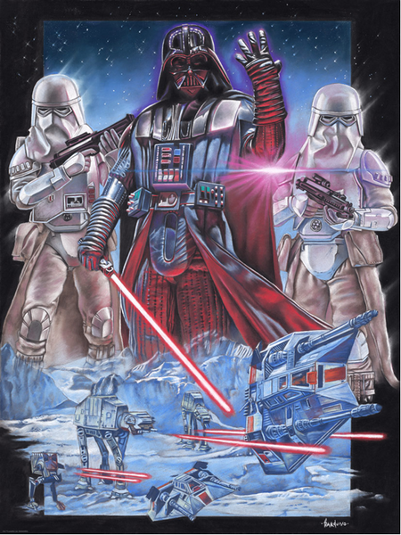 Art depicting the Battle on Hoth with stormtroopers and Darth Vader looking on