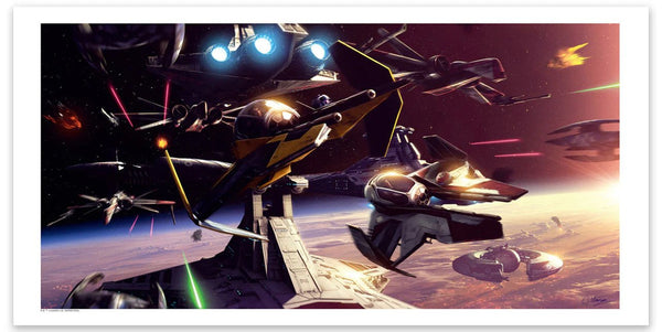 Star Wars themed art featuring multiple spacecrafts in battle from the Revenge of the Sith movie.