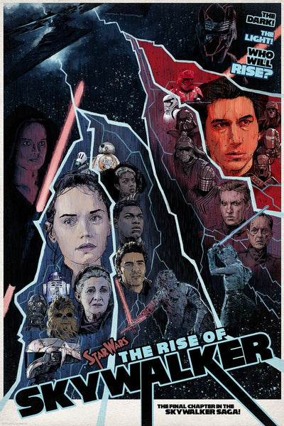 Movie poster style art print depicting the good and bad characters in the rise of skywalker star wars film with lightning separating them