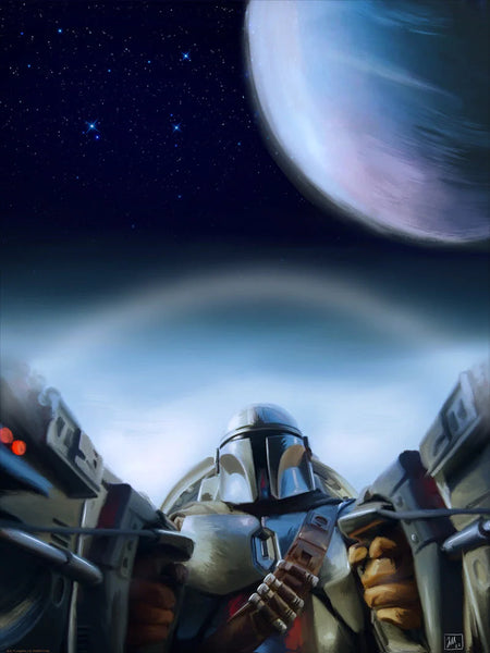 Artwork of a character from Star Wars The Book of Boba Fett, featuring a stylized depiction with a space-themed background with Boba Fett flying