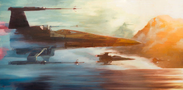 painted artwork featuring x wing jets flying over a lake with mountains and clouds in the disance