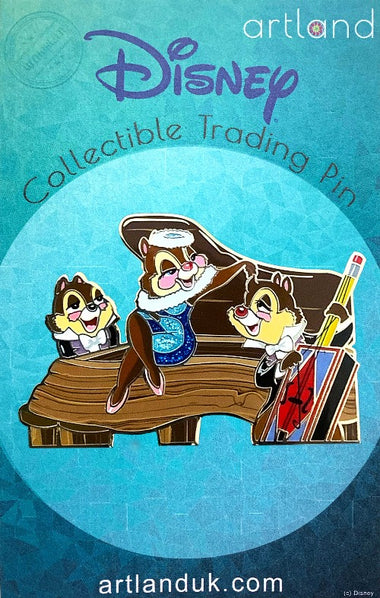 A collectible trading pin featuring Chip 'n' Dale characters from Disney, designed to look like they are playing a piano.