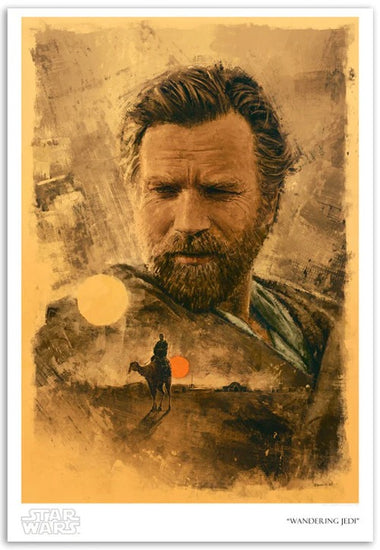 a star wars art piece in oranges and browns. a portrait of obi wan kenobi is in the centre with a desert scene below him.