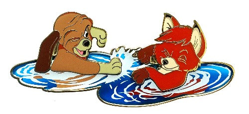 A disney pin inspired by the fox and the hound. this pin includes the fox and the hound playing together in water. the water is transparent.