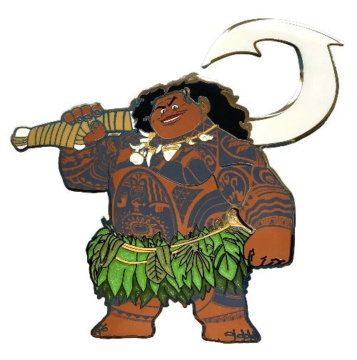 a disney moana pin. this pin is of maui in a grass skirt with his goddess gifted hook on his shoulder.