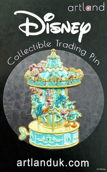 a disney pin shaped like a carousel in pastel colours. daisy duck is riding one of the horses on the carousel. donald duck has a bouquet of flowers.